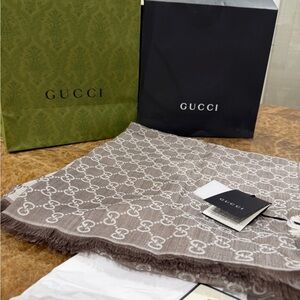 Gucci Taupe and Ivory Logo Scarf
